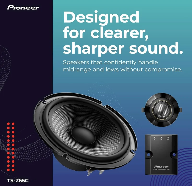 Pioneer TS-Z65C, 2-Way 6.5 INCHES Compact Car Audio Speakers Full Range, Open & Smooth Sound Quality, Enhanced Bass Response