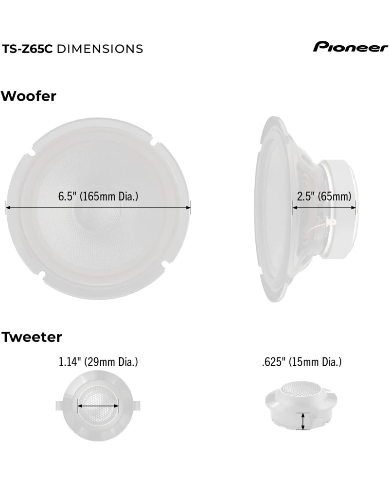 Pioneer TS-Z65C, 2-Way 6.5 INCHES Compact Car Audio Speakers Full Range, Open & Smooth Sound Quality, Enhanced Bass Response
