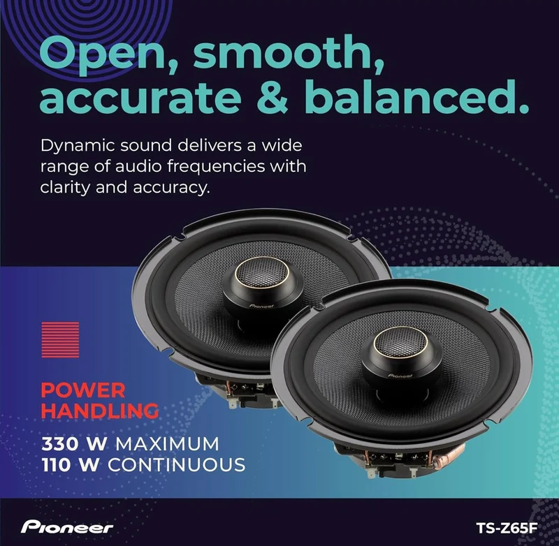 Pioneer TS-Z65F, 2-Way 6.5 INCHES Coaxial Car Audio Speakers, Full Range, Open & Smooth Sound Quality, Easy Installation and Enhanced Bass Response - Black