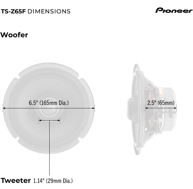 Pioneer TS-Z65F, 2-Way 6.5 INCHES Coaxial Car Audio Speakers, Full Range, Open & Smooth Sound Quality, Easy Installation and Enhanced Bass Response - Black