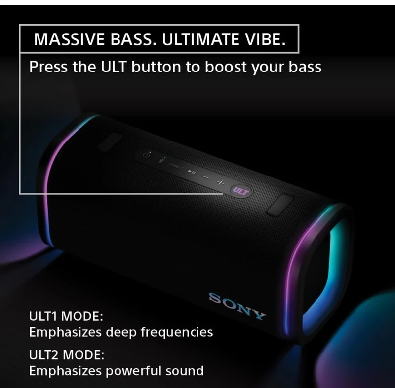 Sony ULT Field 5 Wireless Portable Bluetooth Speaker, IP67 Waterproof, Dustproof, and Rustproof with Enhanced Bass, 25 Hour Battery, 360° Party Light, and Shoulder Strap - Black