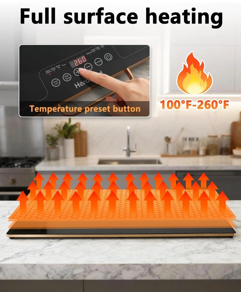 Electric Warming Tray w/ Handle 40 X 14” Extra Large Food Warming Mats w/ Temp-Settings - Full Surface Heating