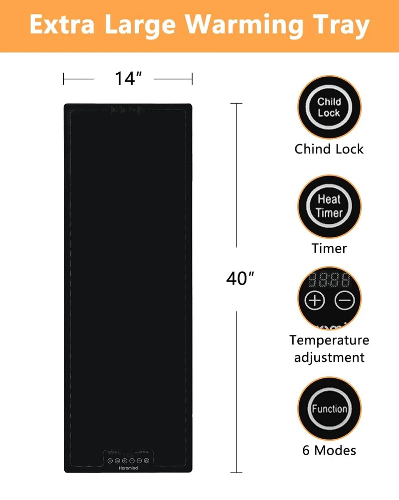 Electric Warming Tray w/ Handle 40 X 14” Extra Large Food Warming Mats w/ Temp-Settings - Full Surface Heating