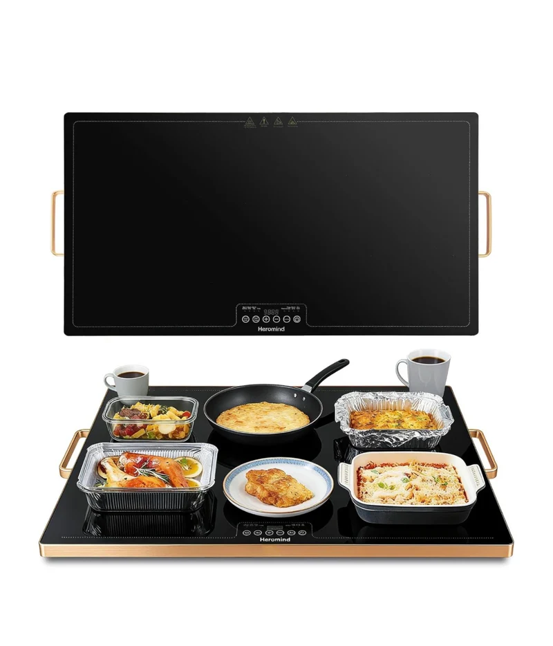Electric Warming Tray 31.5 × 17.7" with Handle Glass-Top Full-Surface Heating Food Warmer w/ Adjustable Temperature & Timer