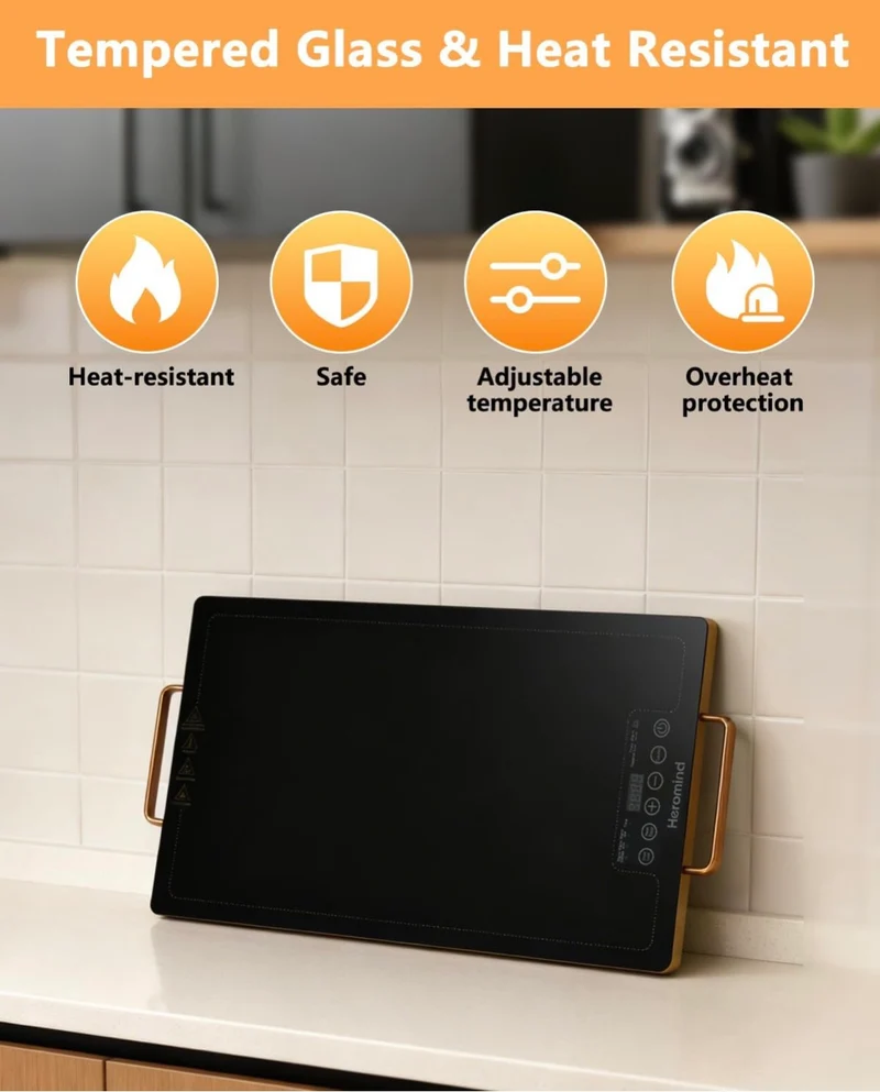 Electric Warming Tray 31.5 × 17.7" with Handle Glass-Top Full-Surface Heating Food Warmer w/ Adjustable Temperature & Timer