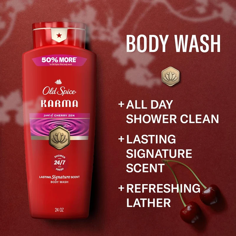 Old Spice Body Wash for Men, 24/7 Shower Fresh & Clean w/Daily Use, Lasting Signature Scent - Karma w/ Cherry Zen Scent (Pack of 2)