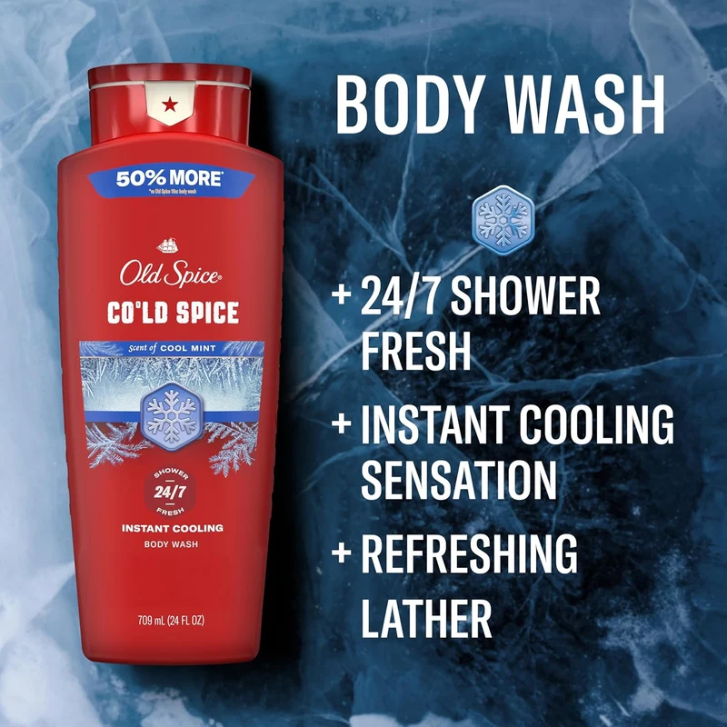 Old Spice Body Wash for Men, 24/7 Shower Fresh & Clean with Daily Use, Lasting Signature Scent - Cold Spice with Cool Mint Scent, 24 oz (Pack of 2)