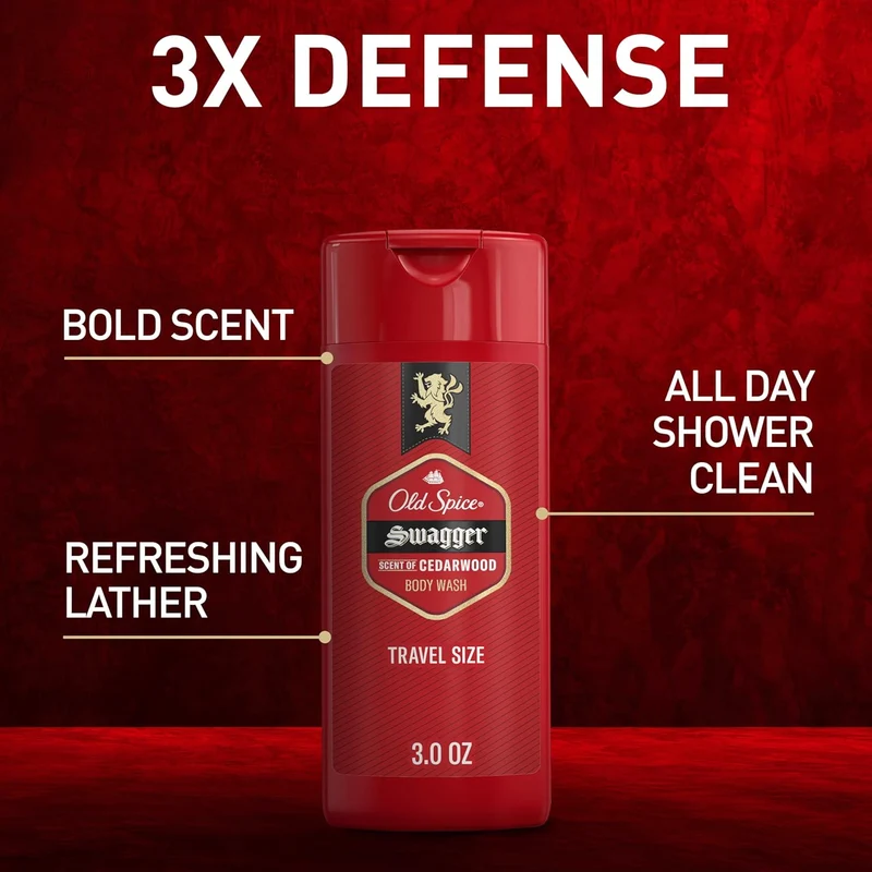 Old Spice Refreshing Body Wash for Men, 3X Defense, 24/7 Shower Fresh w/ Long Lasting Scent, Travel Size Swagger with Cedarwood Scent (4PK)