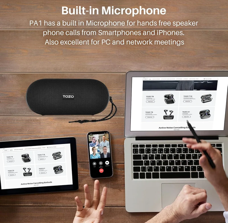 PA1 Bluetooth Portable Speaker Built-in Microphone Stereo Sound, 25H Playtime, IPX7 Waterproof - Matte Black