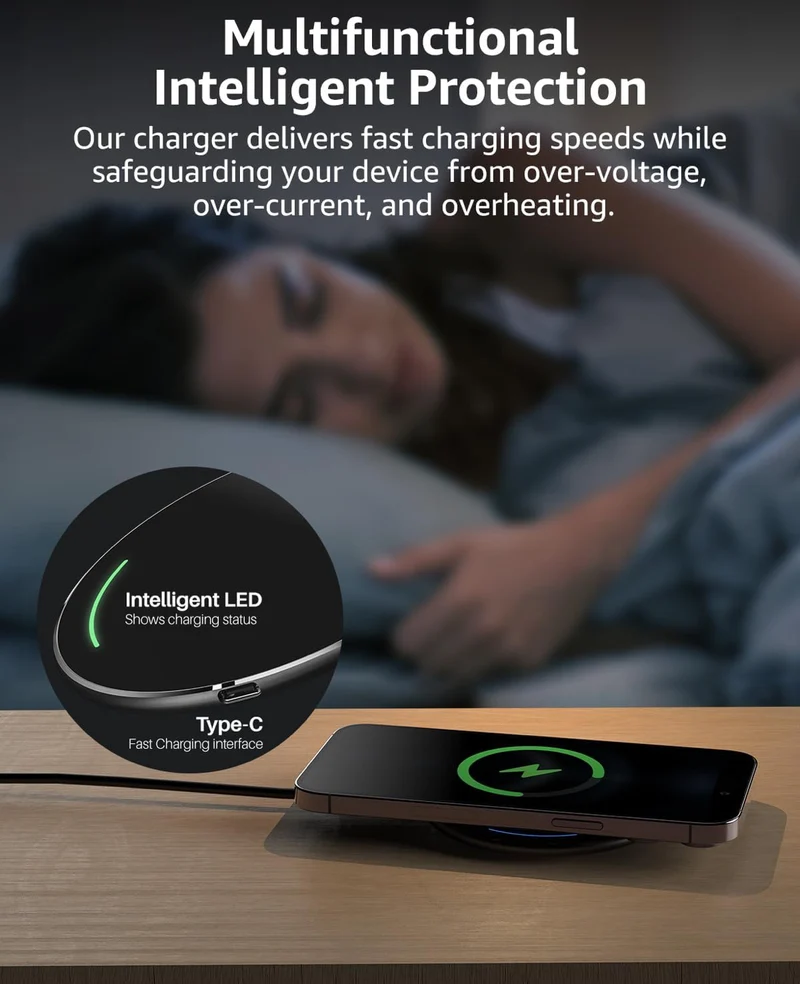 New Anti-Slip Wireless Charger 15W Max Fast Charging Pad Compatible w/ iPhone,Samsung Galaxy - Black
