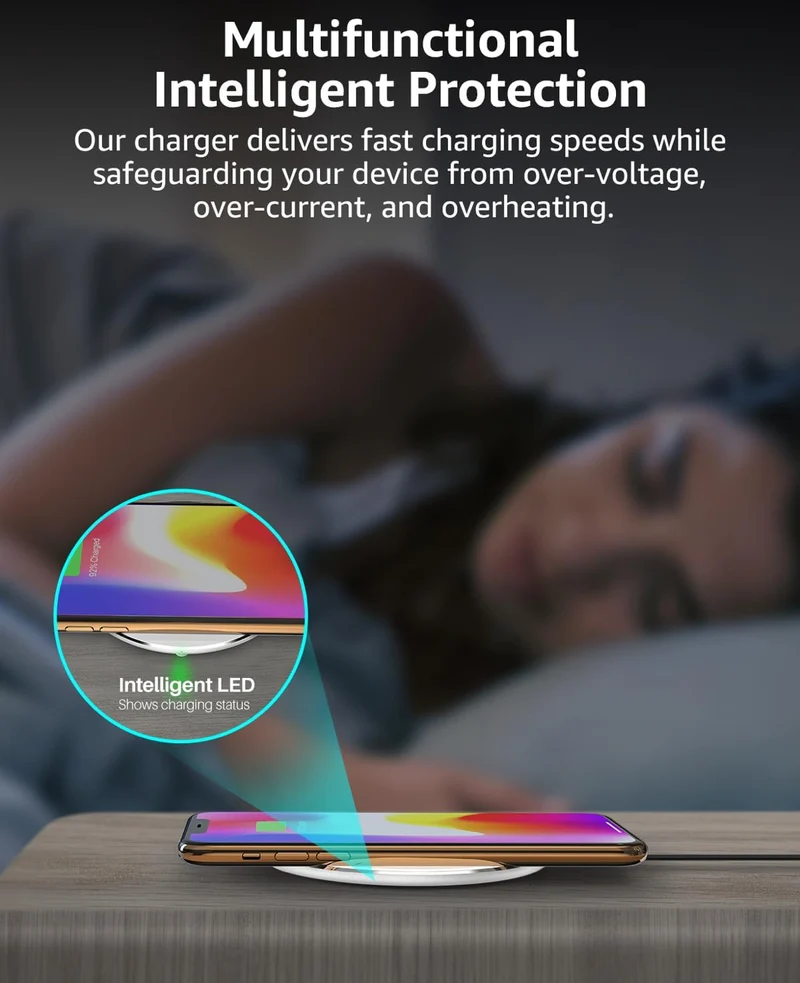 New Anti-Slip Wireless Charger 15W Max Fast Charging Pad Compatible w/ iPhone,Samsung Galaxy - White Silver