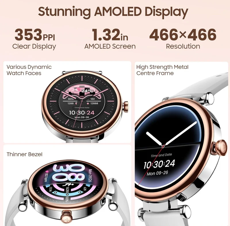 S8 LED Smart Watch for Women, 1.32" HD Color Screen, Health Tracker Ladies Watch with Sleep Monitor Stress Analysis 100+