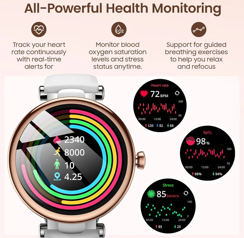 S8 LED Smart Watch for Women, 1.32" HD Color Screen, Health Tracker Ladies Watch with Sleep Monitor Stress Analysis 100+