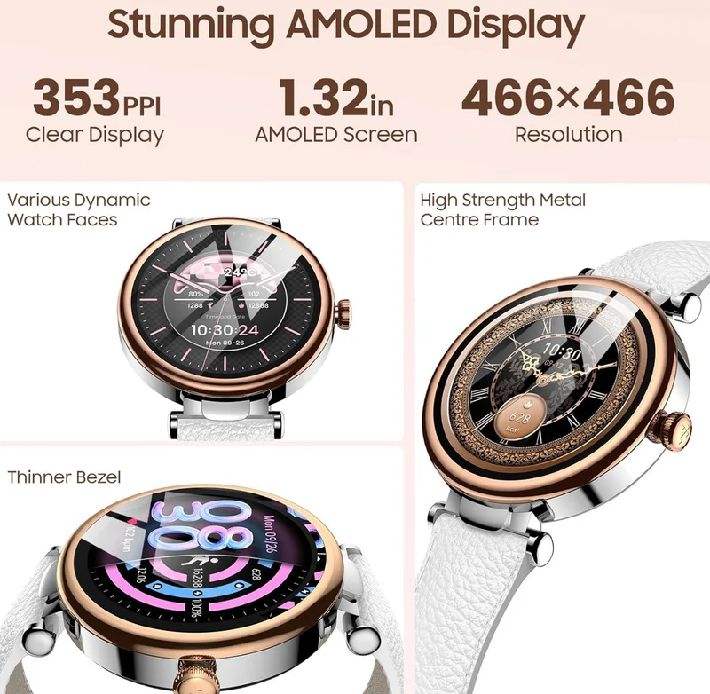 Smart Watch 1.32" HD Color Screen, Health Tracker w/ Sleep Monitor, Waterproof, Bluetooth (Leather Strap)