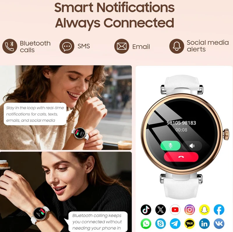 Smart Watch 1.32" HD Color Screen, Health Tracker w/ Sleep Monitor, Waterproof, Bluetooth (Leather Strap)