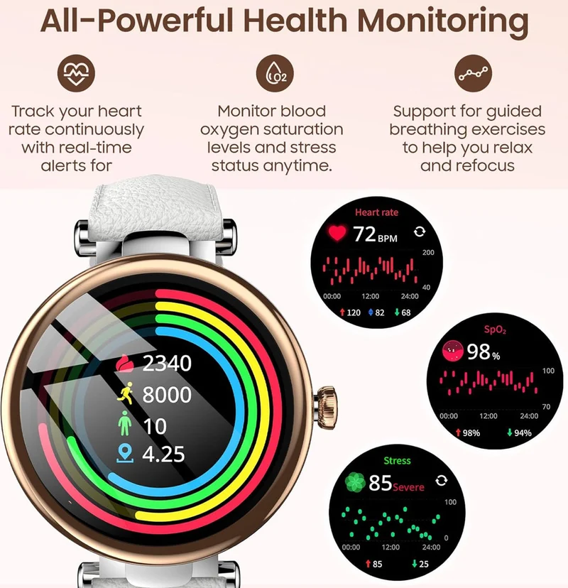 Smart Watch 1.32" HD Color Screen, Health Tracker w/ Sleep Monitor, Waterproof, Bluetooth (Leather Strap)