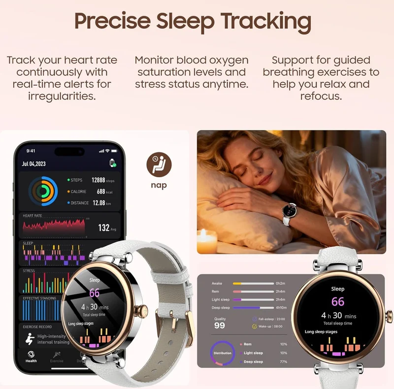 Smart Watch 1.32" HD Color Screen, Health Tracker w/ Sleep Monitor, Waterproof, Bluetooth (Leather Strap)
