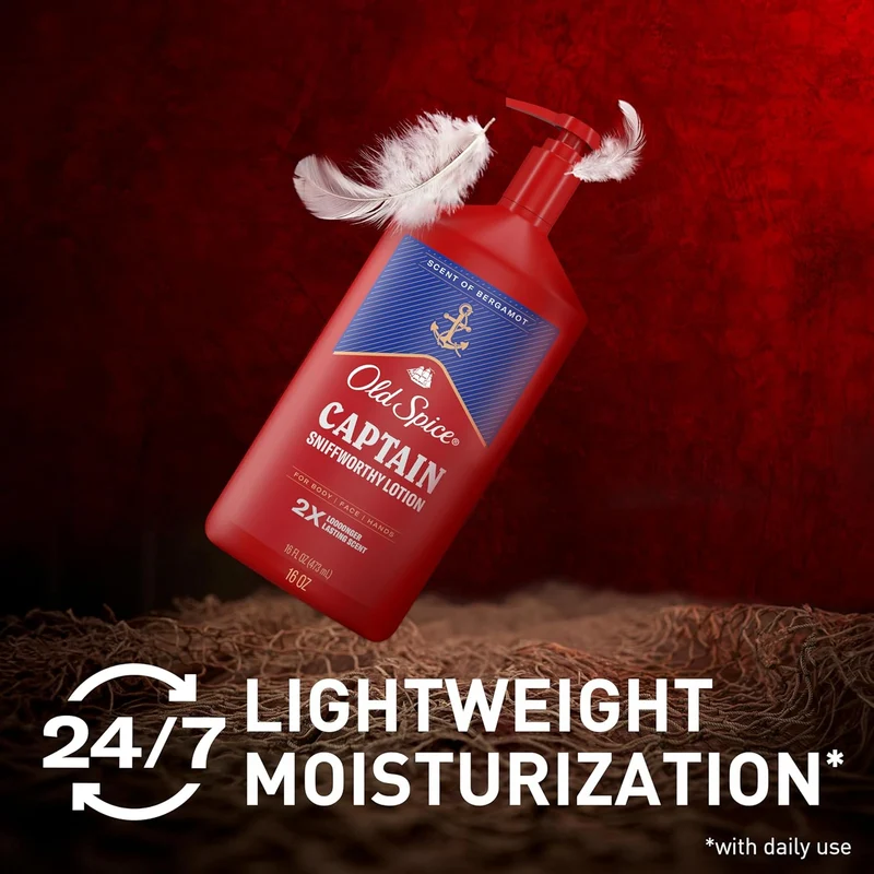Old Spice Hand, Face & Body Lotion for Men, 24/7 Lightweight Moisturization w/ Amazing Scent Captain with Bergamot Scent (2PK)