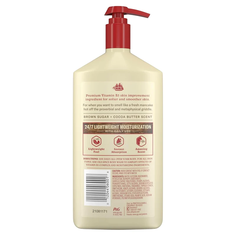 Old Spice Hand, Face & Body Lotion for Men, 24/7 Lightweight Moisturization w/ Vitamin B3 - Brown Sugar + Cocoa Butter Scent (2PK)