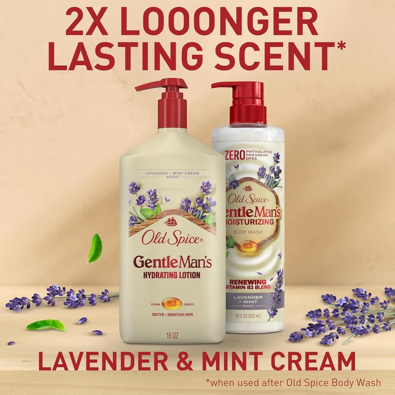 Old Spice Hand, Face & Body Lotion for Men, 24/7 Lightweight Moisturization w/ Vitamin B3 - Lavender + Mint Cream Scent - 16 oz (2PK)