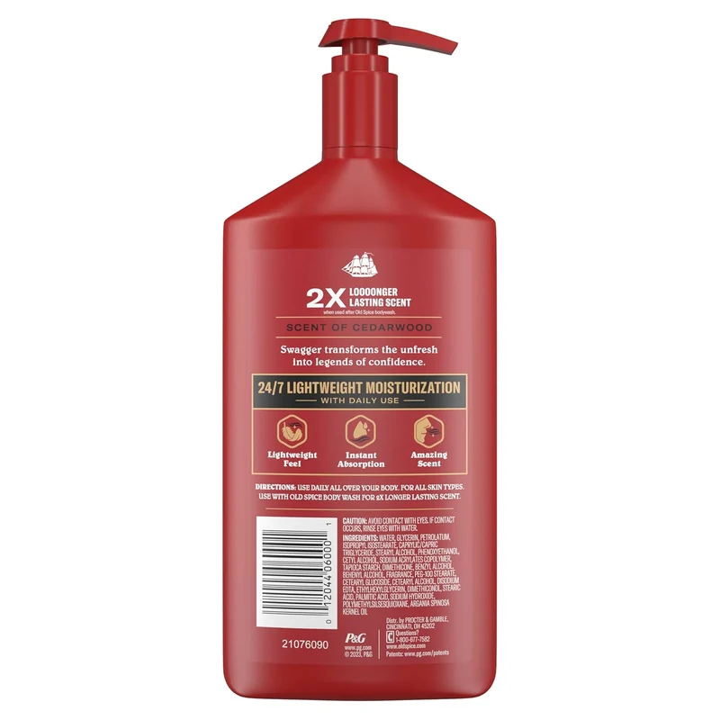 Old Spice Hand, Face & Body Lotion for Men, 24/7 Lightweight Moisturization w/ Amazing Scent - Swagger with Cedarwood Scent -16 oz (2PK)