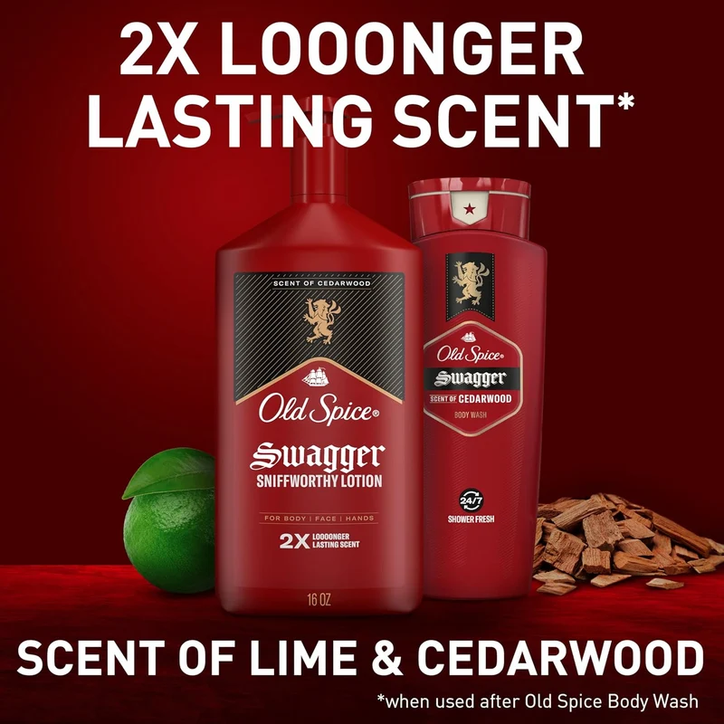 Old Spice Hand, Face & Body Lotion for Men, 24/7 Lightweight Moisturization w/ Amazing Scent - Swagger with Cedarwood Scent -16 oz (2PK)