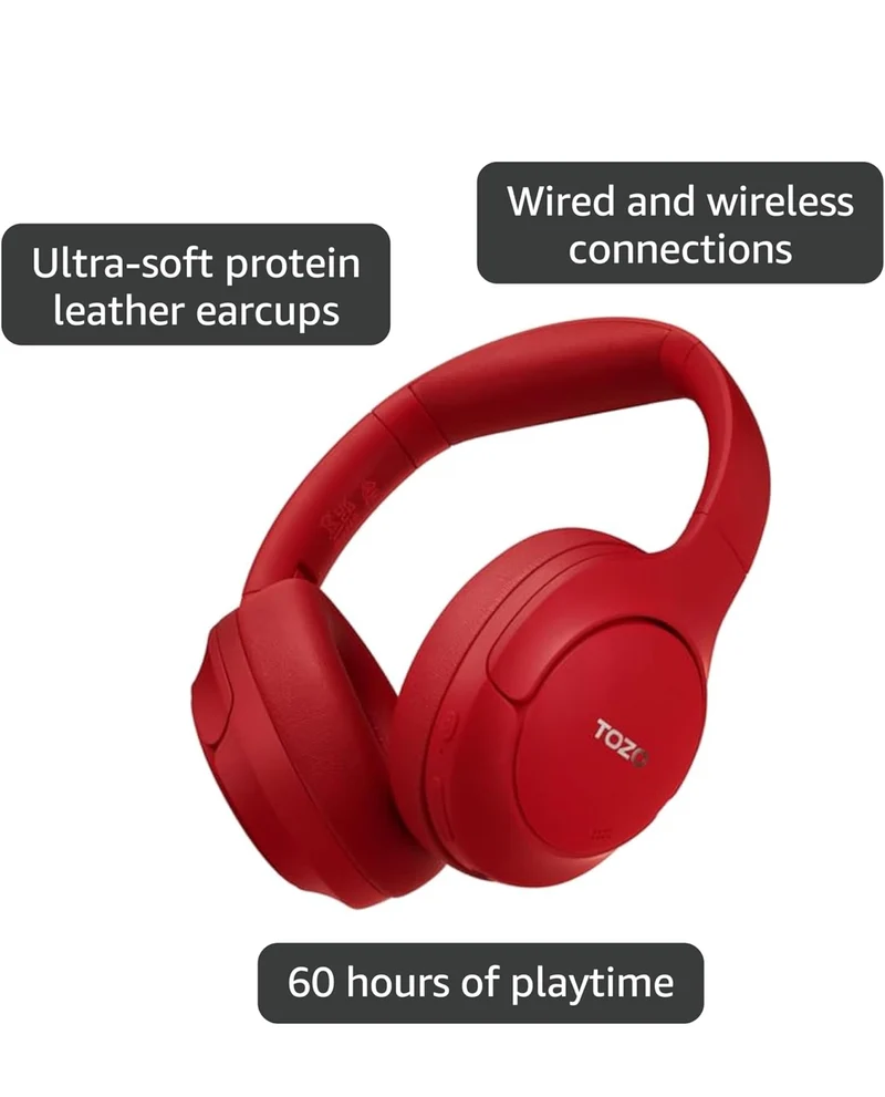 HT2 Hybrid Active Noise Cancelling Headphones, Wireless Over Ear Bluetooth Headset, 60H Playtime - Red