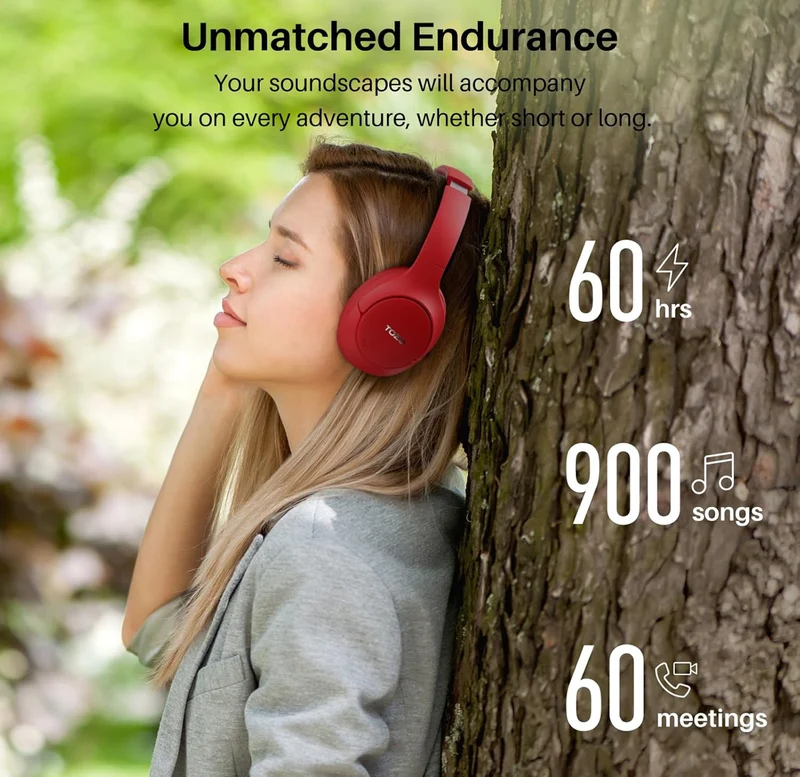 HT2 Hybrid Active Noise Cancelling Headphones, Wireless Over Ear Bluetooth Headset, 60H Playtime - Red