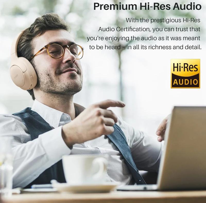 HT2 Hybrid Active Noise Cancelling Headphones, Wireless Over Ear Bluetooth Headset, 60H Playtime - Khaki