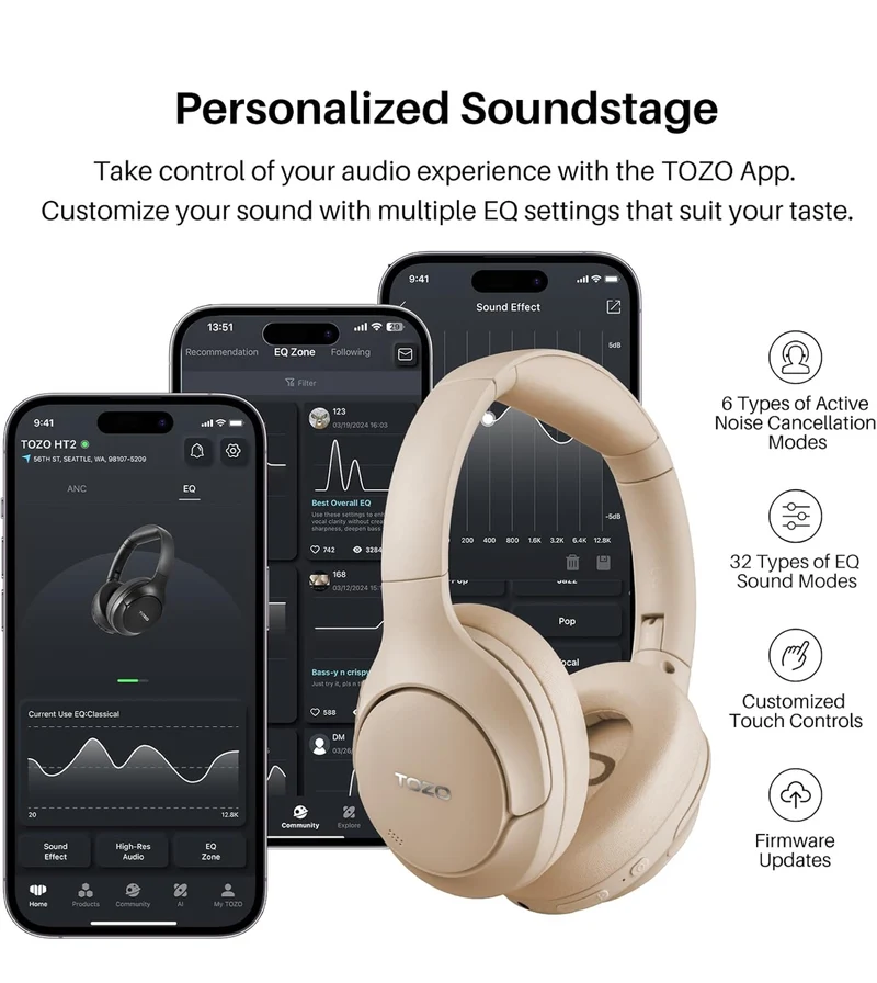 HT2 Hybrid Active Noise Cancelling Headphones, Wireless Over Ear Bluetooth Headset, 60H Playtime - Khaki