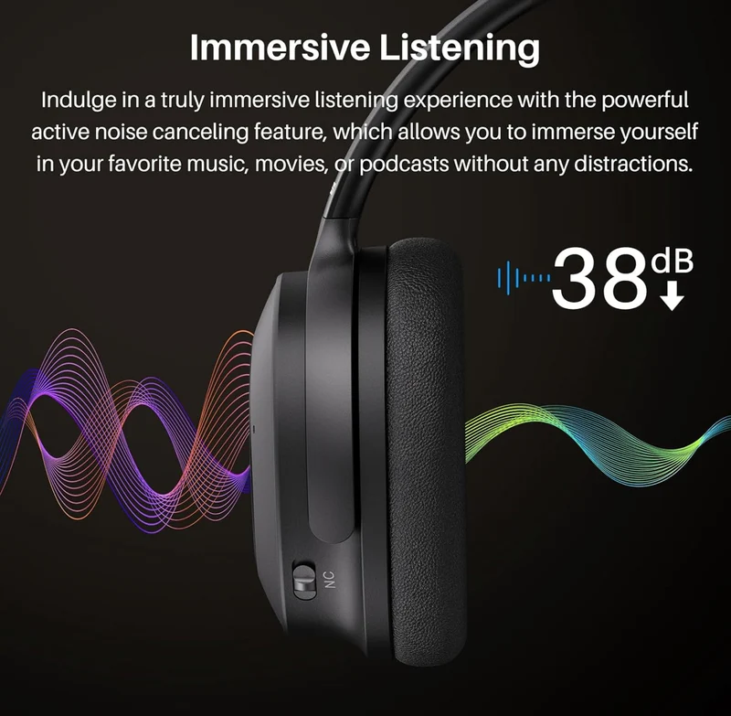 Hybrid Active Noise Cancelling Headphones, Wireless Over Ear Bluetooth, 40H Playtime, Hi-Res Audio Custom EQ, Comfort Fit Ear Cups (Black)