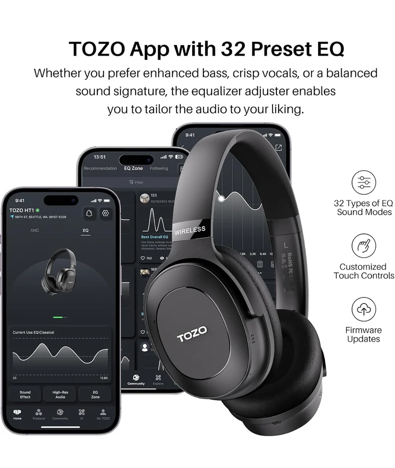 Hybrid Active Noise Cancelling Headphones, Wireless Over Ear Bluetooth, 40H Playtime, Hi-Res Audio Custom EQ, Comfort Fit Ear Cups (Black)