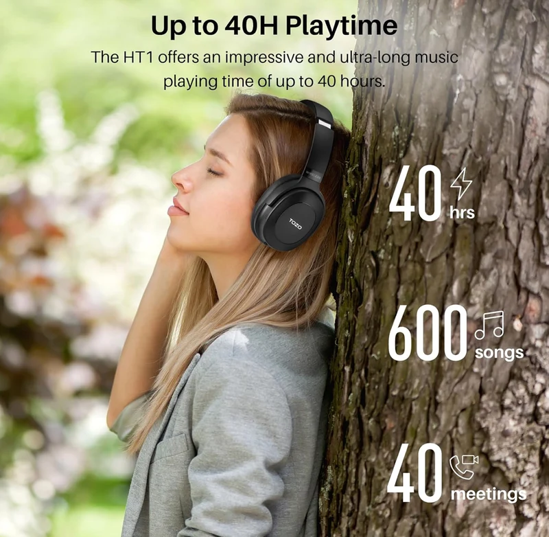 Hybrid Active Noise Cancelling Headphones, Wireless Over Ear Bluetooth, 40H Playtime, Hi-Res Audio Custom EQ, Comfort Fit Ear Cups (Black)