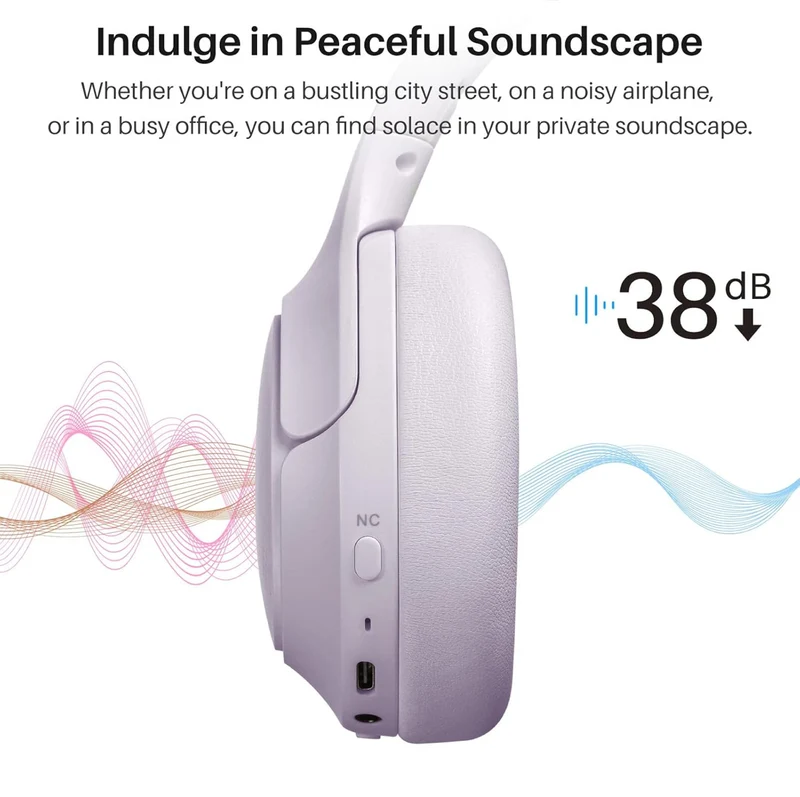 Hybrid Active Noise Cancelling Headphones, Wireless Over Ear Bluetooth, 40H Playtime, Hi-Res Audio Custom EQ, Comfort Fit Ear Cups (Purple)