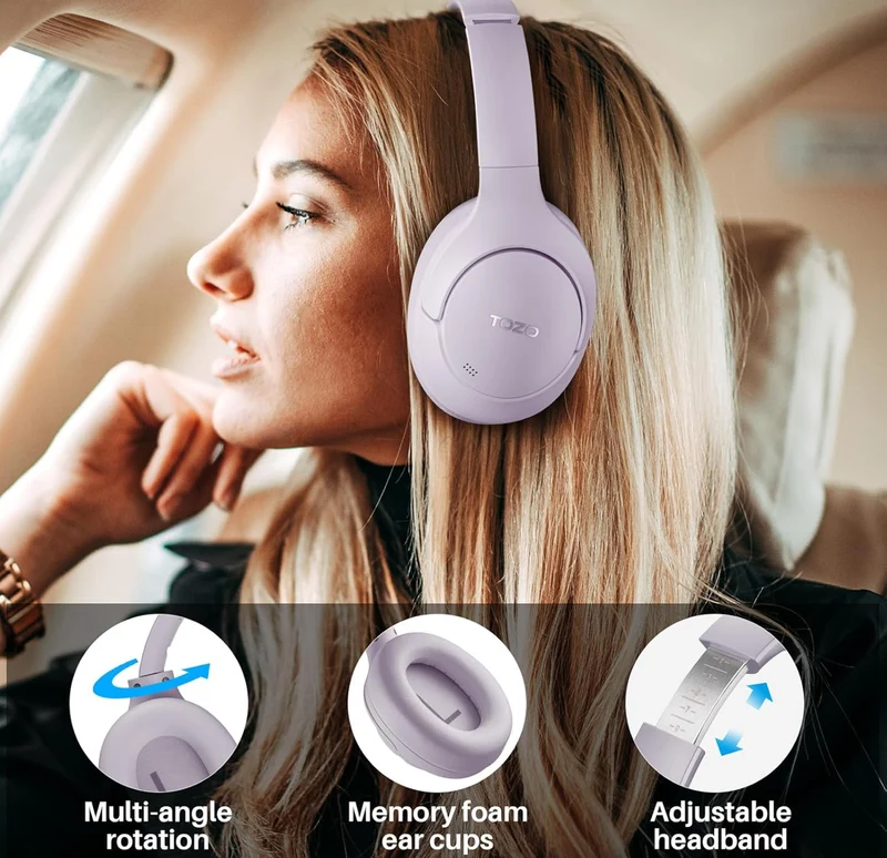 Hybrid Active Noise Cancelling Headphones, Wireless Over Ear Bluetooth, 40H Playtime, Hi-Res Audio Custom EQ, Comfort Fit Ear Cups (Purple)