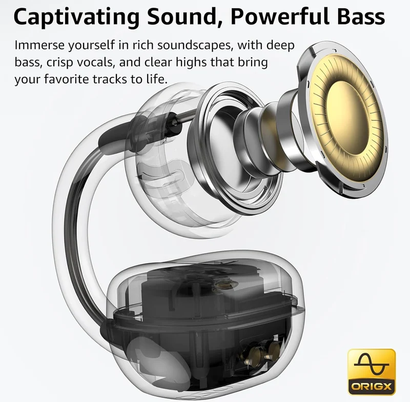 Open Ear Clip Earbuds, Lightweight Comfort 40H Play BT w/ Smart Digital Display - Khaki
