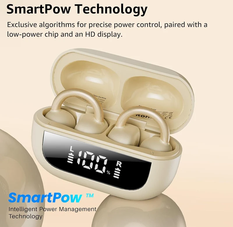 Open Ear Clip Earbuds, Lightweight Comfort 40H Play BT w/ Smart Digital Display - Khaki