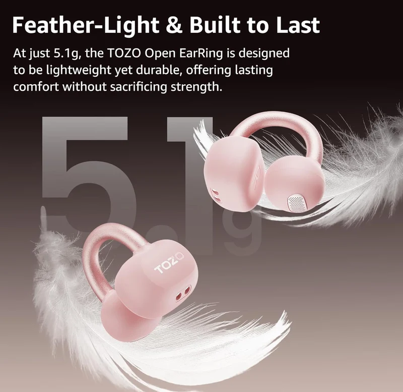 Open Ear Clip Earbuds, Lightweight Comfort 40H Play BT w/ Smart Digital Display - Pink