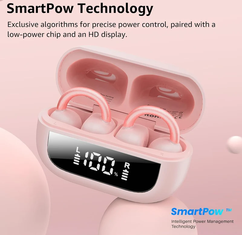 Open Ear Clip Earbuds, Lightweight Comfort 40H Play BT w/ Smart Digital Display - Pink