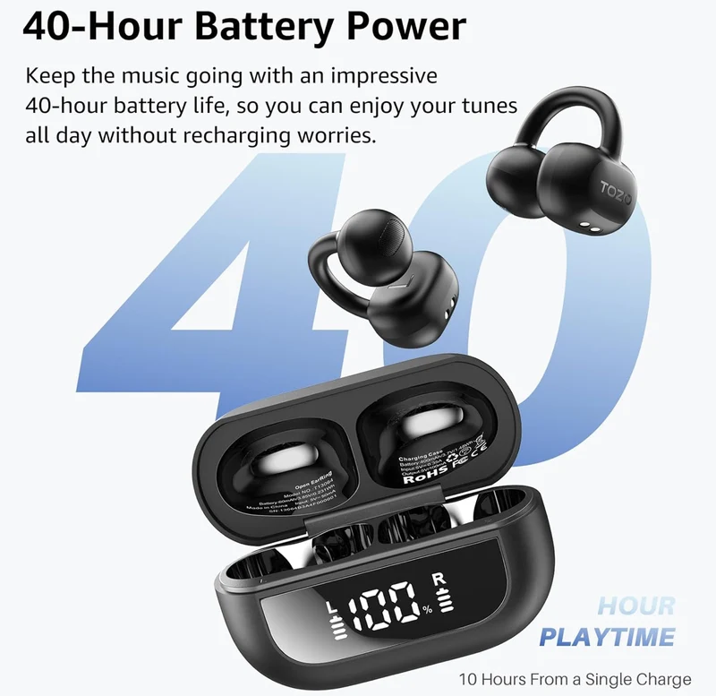Open Ear Clip Earbuds, Lightweight Comfort 40H Play BT w/ Smart Digital Display - Black