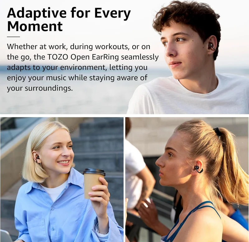 Open Ear Clip Earbuds, Lightweight Comfort 40H Play BT w/ Smart Digital Display - Black
