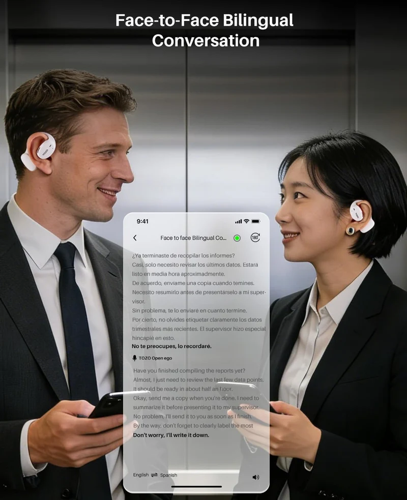 Open Ear Earbuds Bluetooth, AI Translation w/ Real-Time 100+ Languages Translation - White