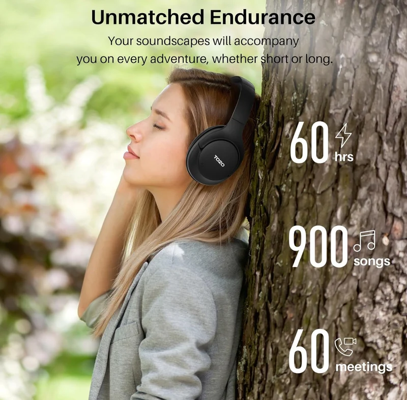 Hybrid Active Noise Cancelling Wireless Over Ear Bluetooth Headset, 60H Playtime, Hi-Res Audio Custom EQ via App Deep Bass - Black