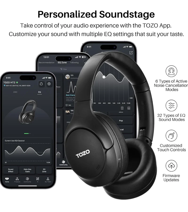Hybrid Active Noise Cancelling Wireless Over Ear Bluetooth Headset, 60H Playtime, Hi-Res Audio Custom EQ via App Deep Bass - Black