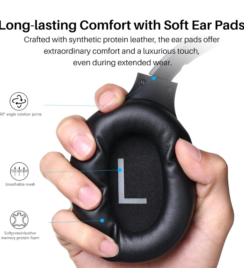Hybrid Active Noise Cancelling Wireless Over Ear Bluetooth Headset, 60H Playtime, Hi-Res Audio Custom EQ via App Deep Bass - Black