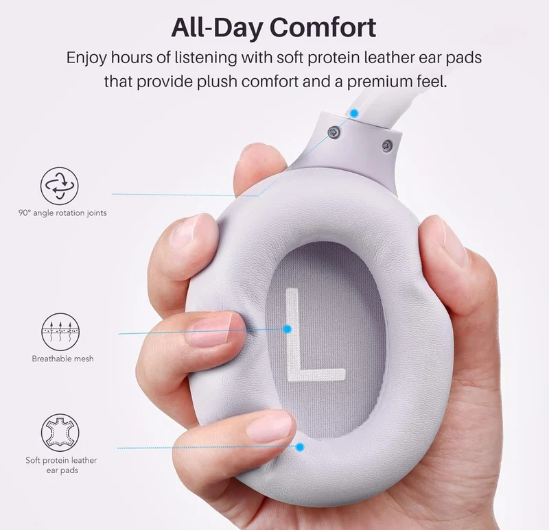 HT3 Hybrid Noise Cancelling Headphones, 90H Battery Life Over Ear Bluetooth 6.0 Foldable Headset, AI Voice Assistant - Light Purple
