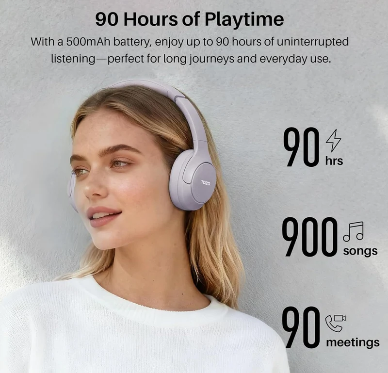 HT3 Hybrid Noise Cancelling Headphones, 90H Battery Life Over Ear Bluetooth 6.0 Foldable Headset, AI Voice Assistant - Light Purple
