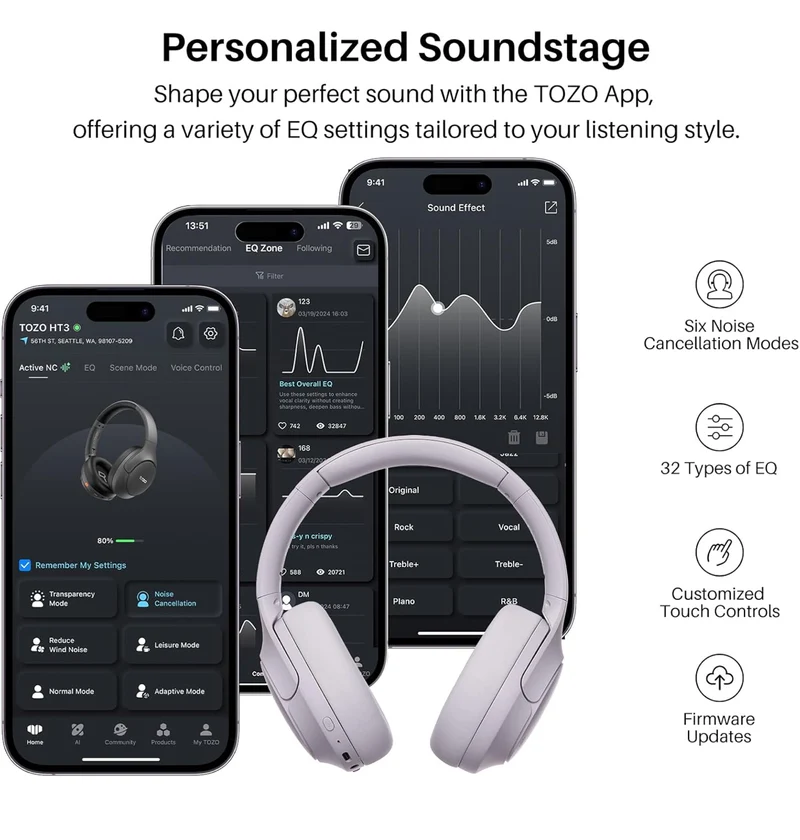 HT3 Hybrid Noise Cancelling Headphones, 90H Battery Life Over Ear Bluetooth 6.0 Foldable Headset, AI Voice Assistant - Light Purple