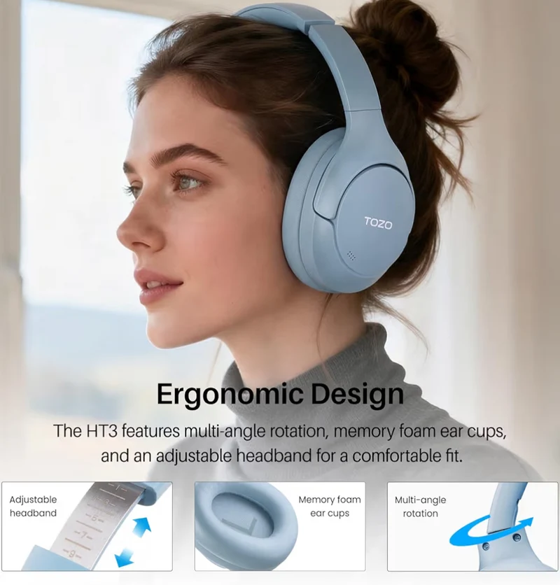 HT3 Hybrid Noise Cancelling Headphones, 90H Battery Life Over Ear Bluetooth 6.0 Foldable Headset, AI Voice Assistant - Blue
