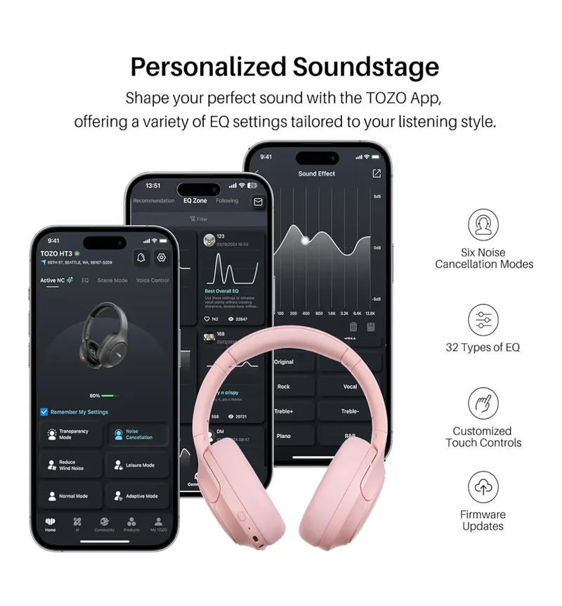 HT3 Hybrid Noise Cancelling Headphones, 90H Battery Life Over Ear Bluetooth 6.0 Foldable Headset, AI Voice Assistant - Pink